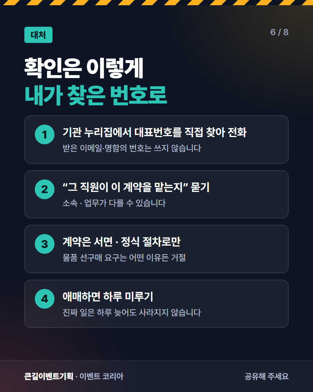 확인 방법을 네 단계로 정리한 카드뉴스. 기관 대표번호 직접 전화, 담당 여부 질문, 서면 절차, 하루 미루기